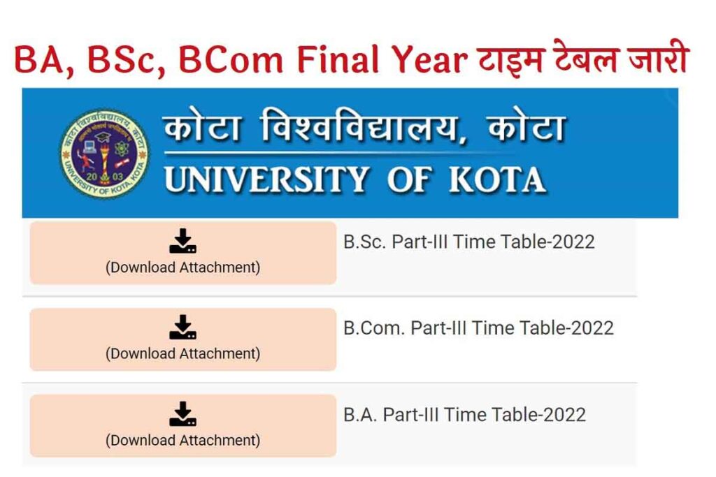 Kota University BA BSc BCom Final Year Time Table 2022