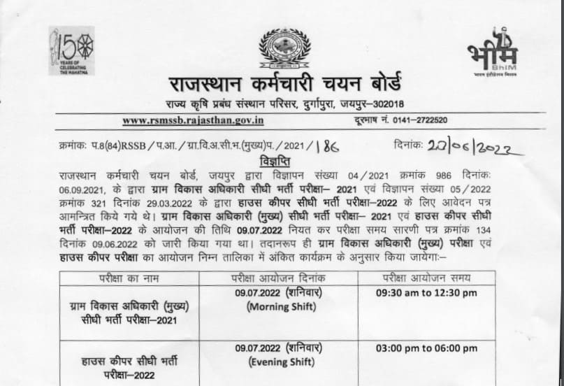 Rajasthan House Keeper Exam Date 2022