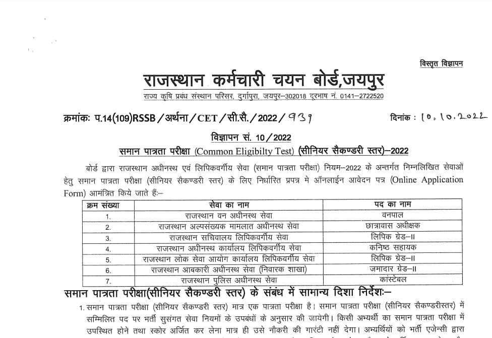 Rajasthan CET Senior Secondary Level Notification 2022
