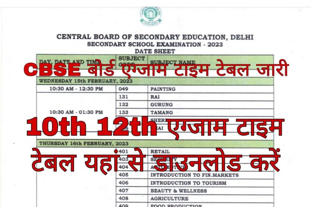 CBSE 10th 12th Exam Time Table 2023