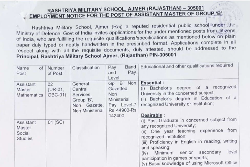 Rashtriya Military School Ajmer Recruitment 2023