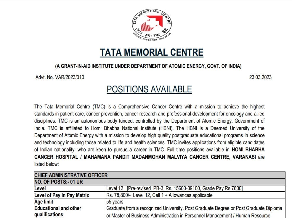 TATA Memorial Centre Recruitment 2023