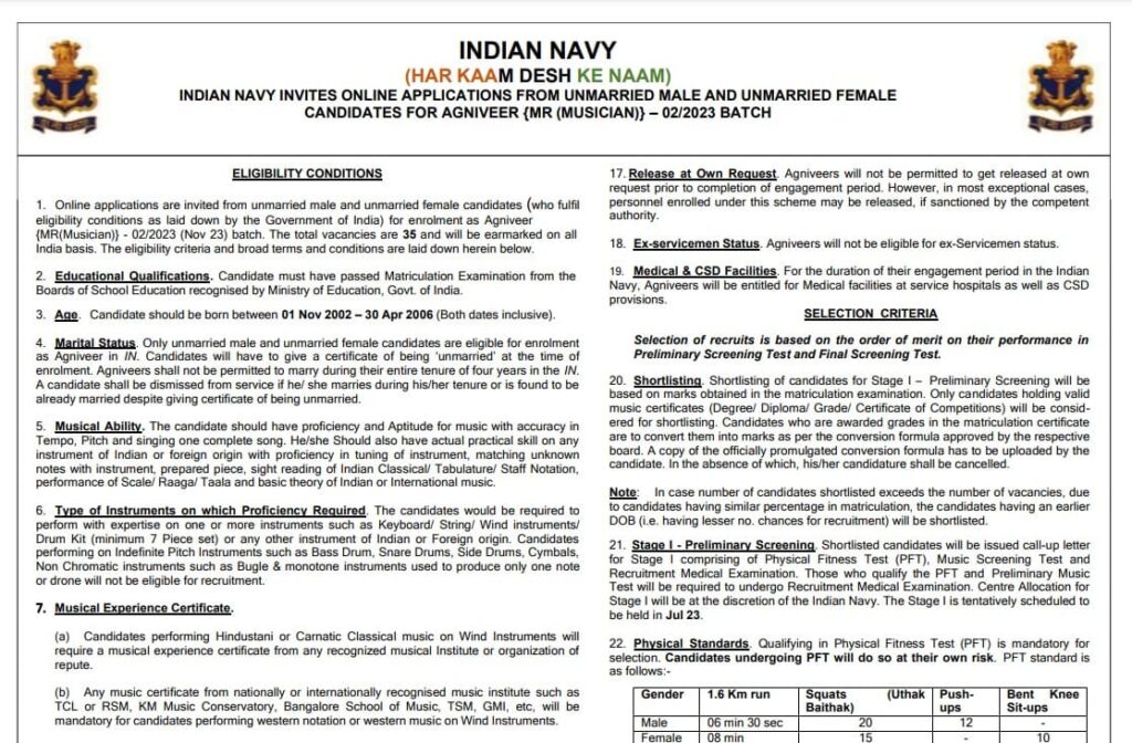 Indian Navy MR Agniveer Musician Recruitment 2023